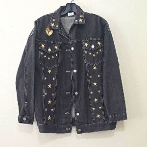 Sears Black and Gray Custom Decorated Denim Jacket S